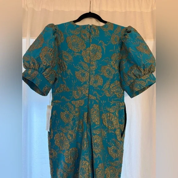 NWT Happy x Nature by Kate Hudson Teal & Gold Brocade Puff Sleeve Jumpsuit - Picture 15 of 15